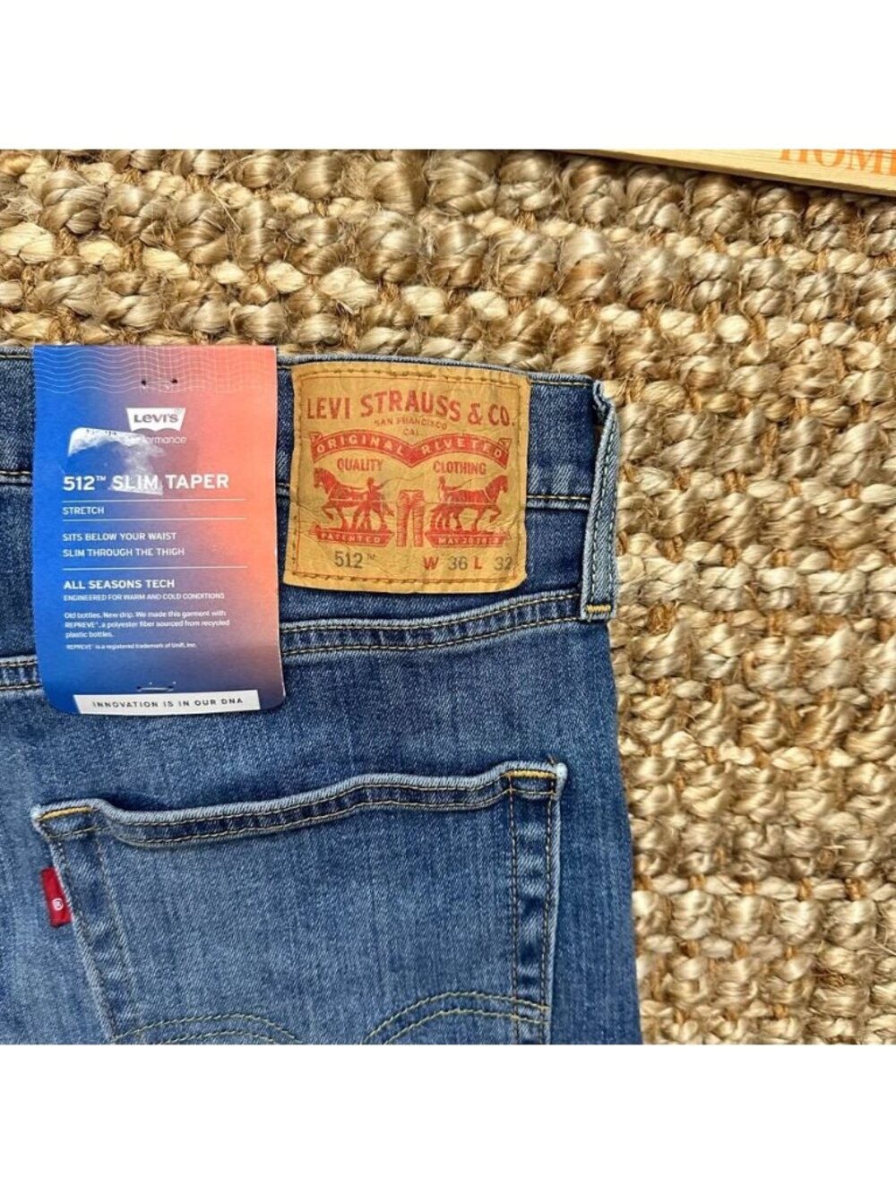 NWT Levi's 512 Slim Taper Mens Jeans 36x32 Blue All Seasons Tech Stretch Denim⁠